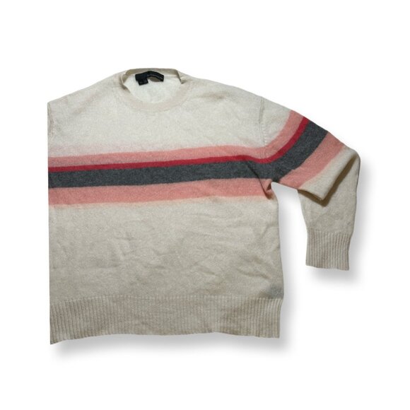 360 Cashmere Sweater Off-White with Pink and Gray Stripe Medium Crewneck - Picture 1 of 8
